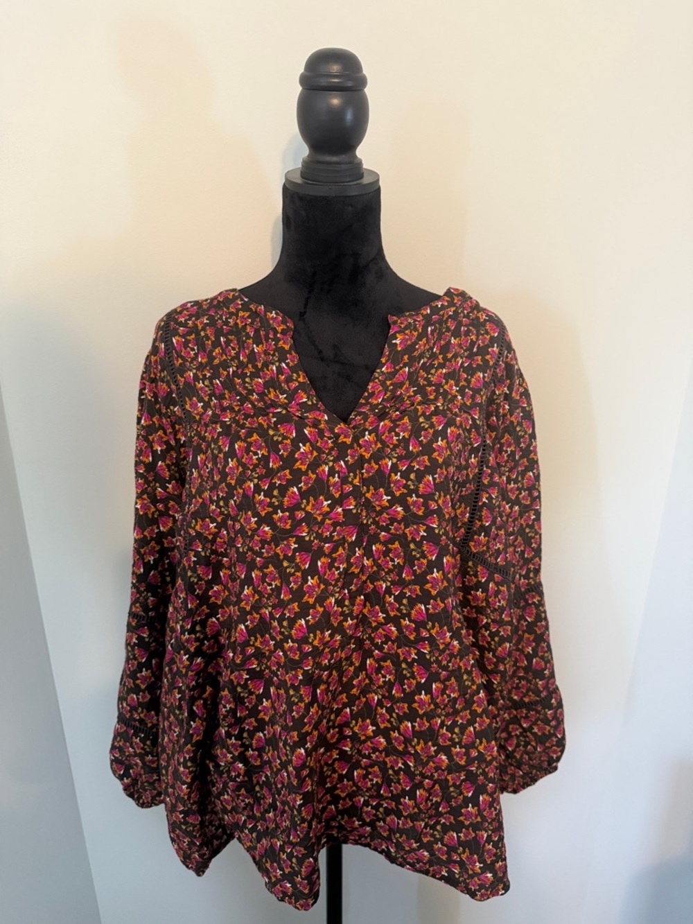 Floral V-Neck Long Sleeve Blouse - Black with Pink & Orange Floral